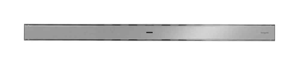 Duschrinne aus Edelstahl mit langer, schmaler Form. Die Oberfläche ist gebürstet. Produkt von Hansgrohe für die Installation in Badezimmern.